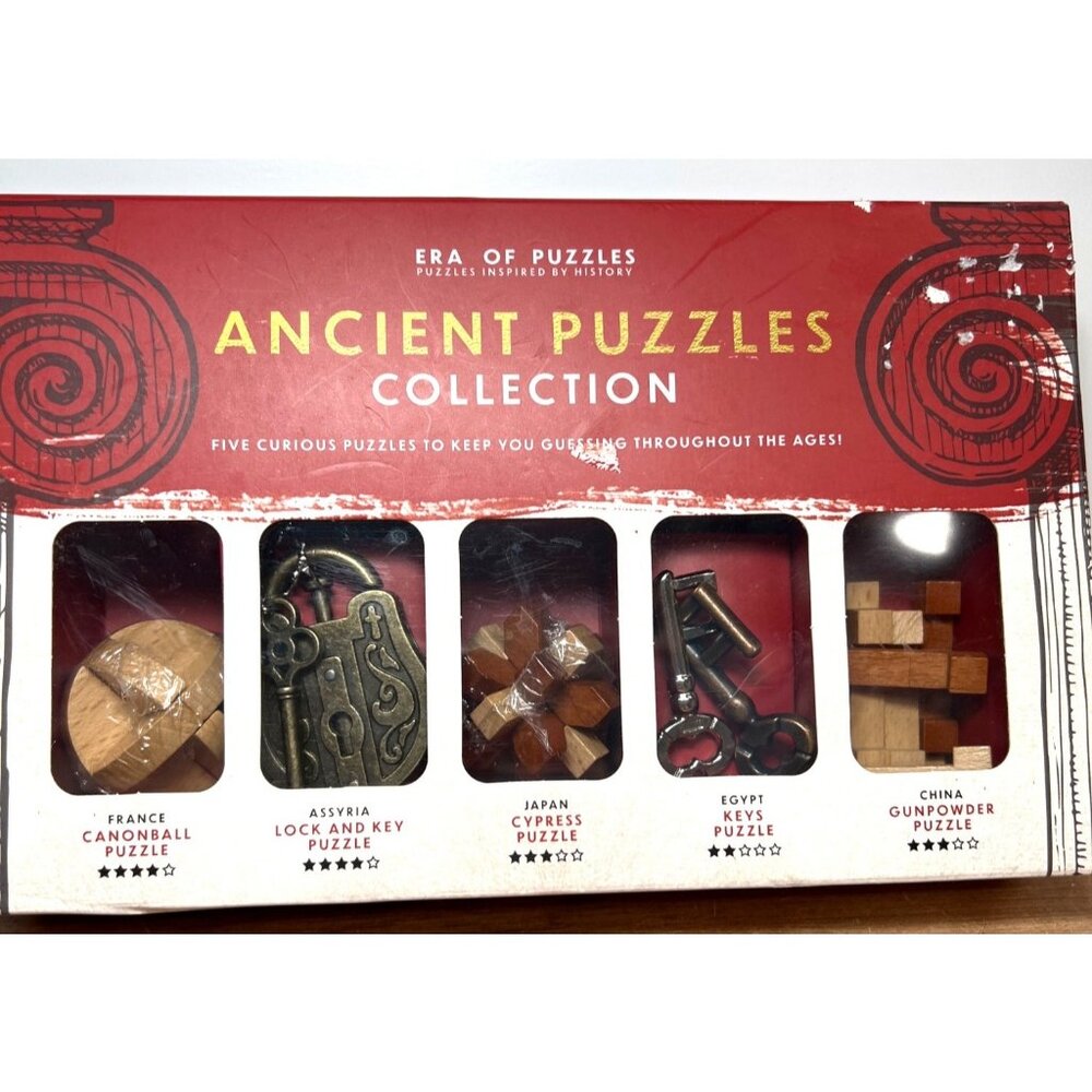 Ancient Puzzles Set With 5 Brain Teasers From France Assyria Japan Egypt & China